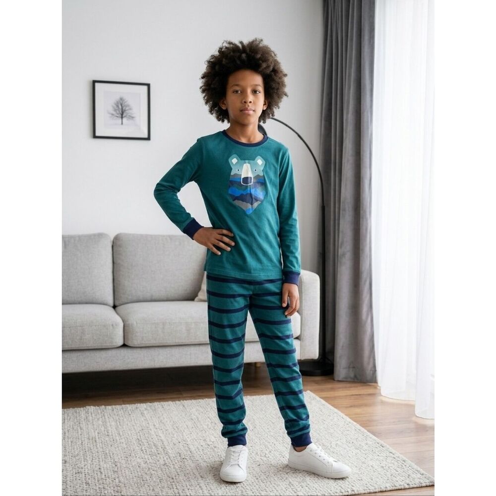 EdEddie Bauer Boys Pajama Set 10/12 Bear Mountain Fleece PJs Green Outdoor Comfy